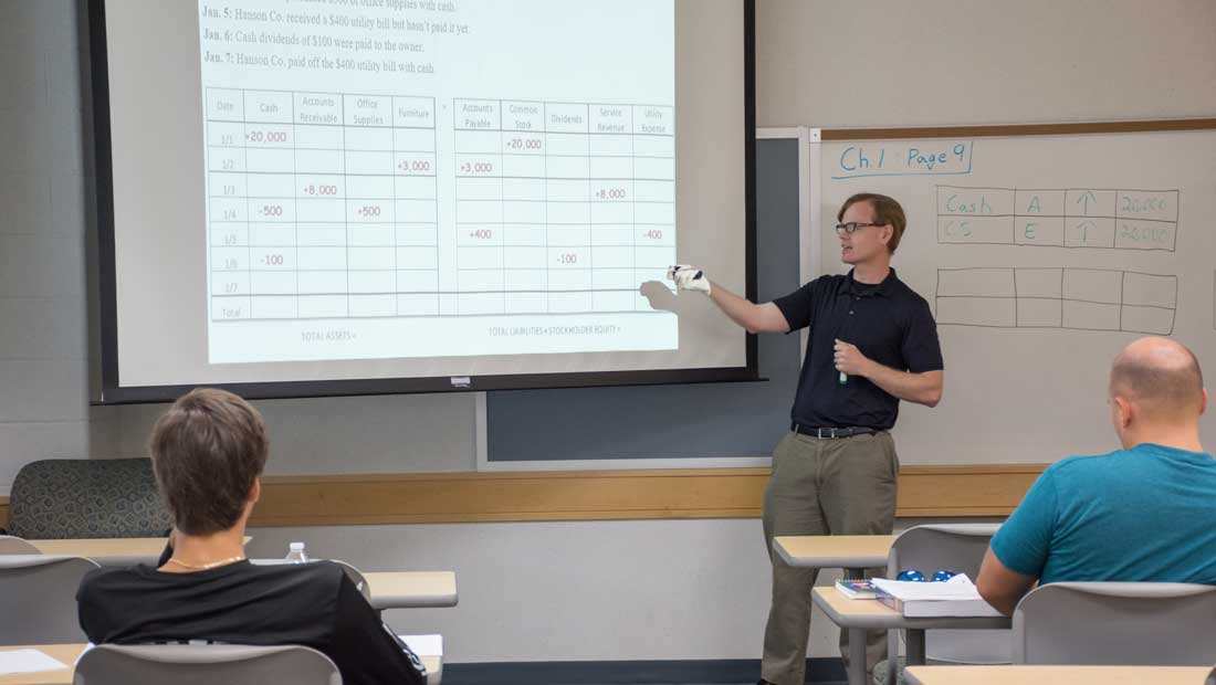 Instructor reading from a projector screen